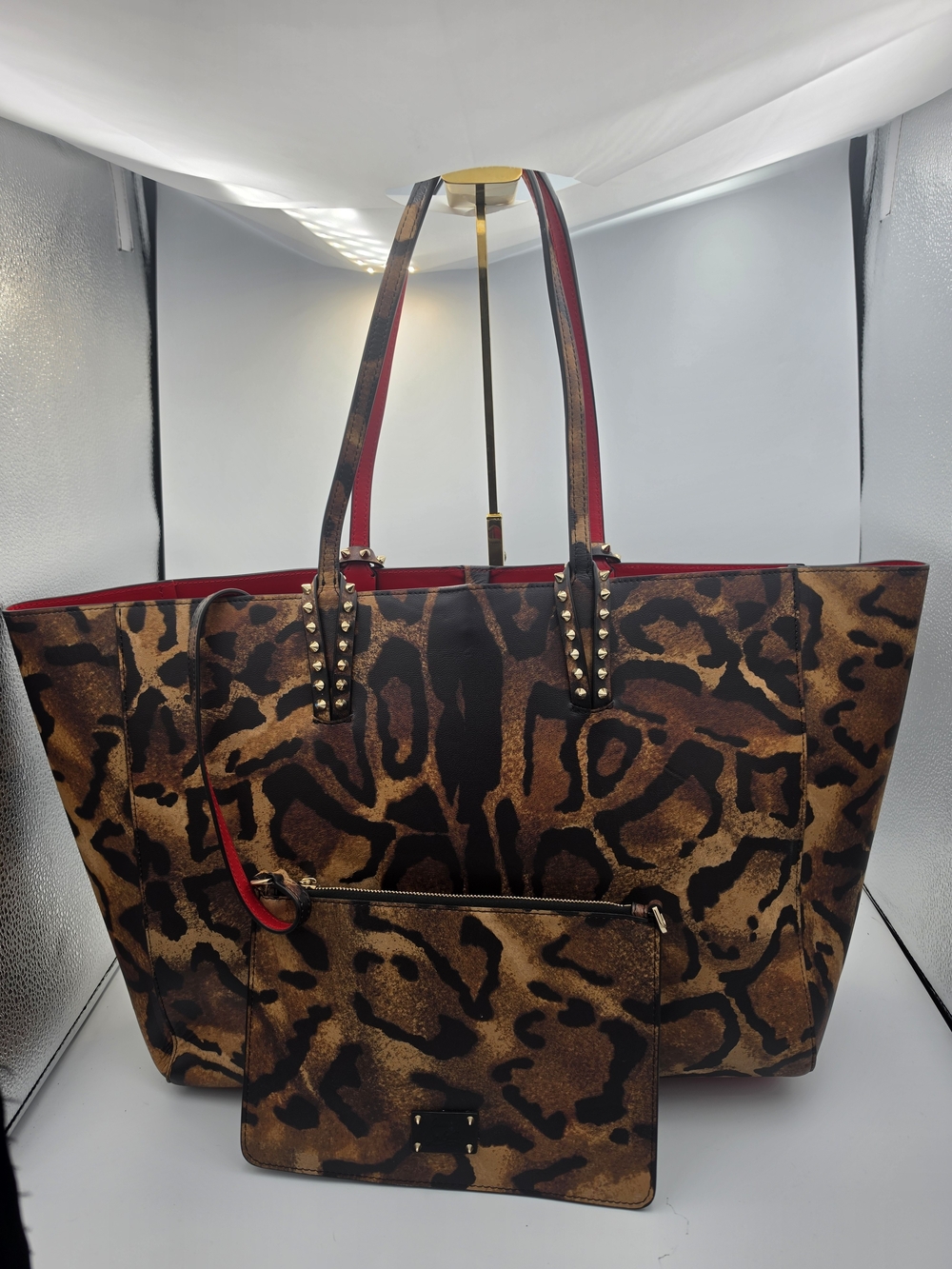 Christian Louboutin Stud Leopard Print Cabata Large Tote W/ Pouch (NWOT)COA✨️🐆✨